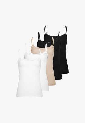 Fem kvinders ærmeløse camisole med tynde stropper i hvid, beige og sort, arrangeret i en forskudt række på en hvid baggrund.