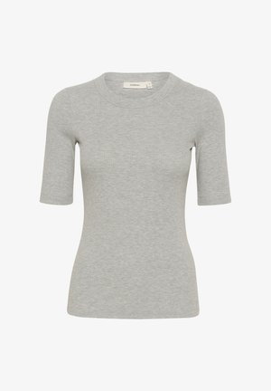 Graues, geripptes Kurzarmoberteil mit rundem Ausschnitt, figurbetonter Passform und weicher Textur. Glattes Material mit minimal sichtbaren Nähten.