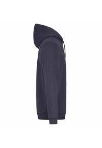 Felpa blu navy con cappuccio e cordoncino, maniche lunghe, tessuto morbido, vestibilità regolare, e polsini e orlo a coste, vista di lato.