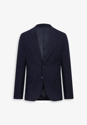 Blazer blu navy realizzato in tessuto strutturato, con motivo a griglia in azzurro chiaro, due bottoni, rever a notched e un'unica tasca sul petto.