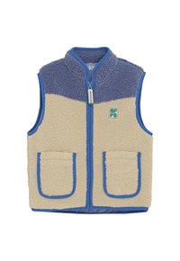 Ärmellose Fleece-Weste mit blauer Oberseite und beigem Körper, Vorderreißverschluss, zwei frontalen Taschen und einem kleinen grünen und blauen Logo auf der Brust.