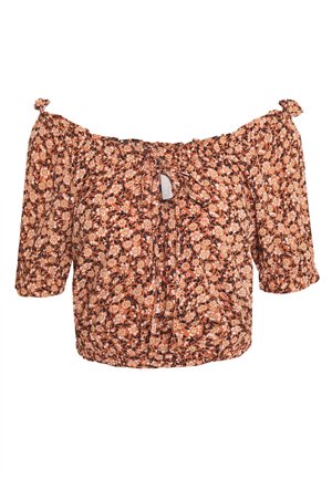 Off-shoulder bloemen top in oranje en bruin, met korte puffer mouwen, textuurstof en een trekkoordsluiting aan de voorkant.