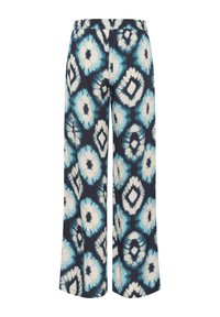 Sinised, valged ja tumesinised laiad püksid, millel on seotud värvimustrid. Omavad elastset vöökoht ja pehmet kangast, millel on voolav tekstuur.