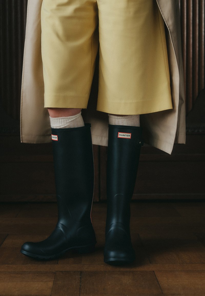 Botas de lluvia de goma negras con acabado brillante, que presentan un logo "HUNTER" en rojo y blanco, usadas sobre calcetines blancos y combinadas con pantalones cortos amarillos.