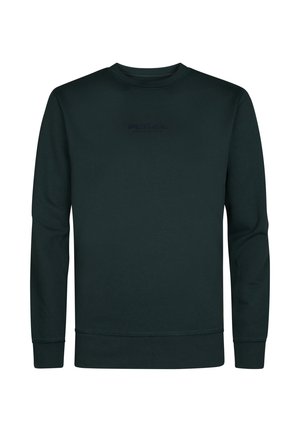 Dunkelgrüner Pullover aus einem baumwollähnlichen Stoff. Er hat einen Rundhalsausschnitt, lange Ärmel und ein dezentes Logodetail auf der Brust.