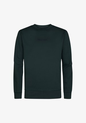 Sudadera de un verde oscuro fabricada con tejido tipo algodón. Presenta un cuello redondo, mangas largas y un sutil detalle de logotipo en el pecho.