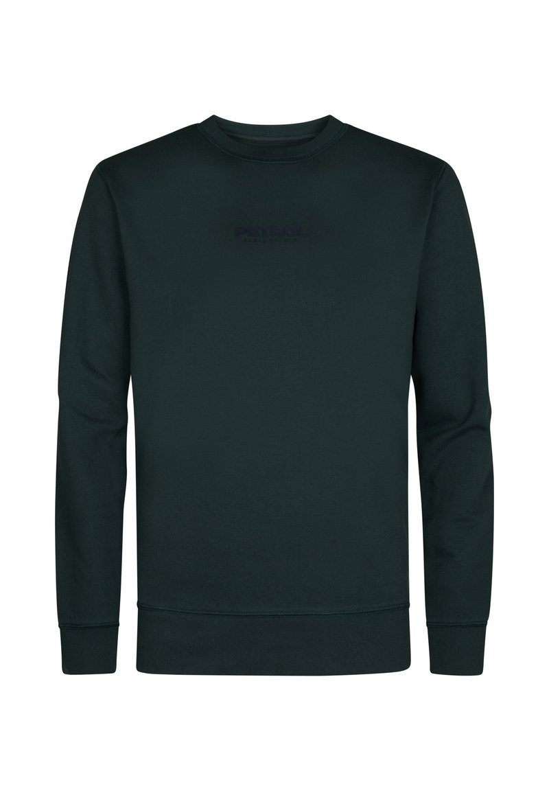 Sudadera de un verde oscuro fabricada con tejido tipo algodón. Presenta un cuello redondo, mangas largas y un sutil detalle de logotipo en el pecho.