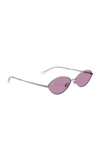 Occhiali da sole metallici argentati con lenti viola, caratterizzati da una forma ovale allungata e sottili montature in filo. Inclusi tamponi per il naso per il comfort.