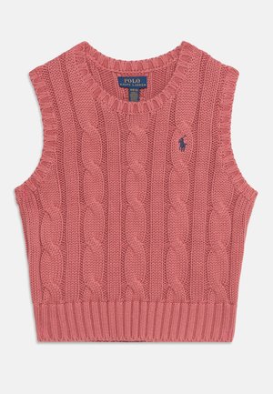 Gilet rosa lavorato a trecce senza maniche con scollo rotondo e piccolo logo ricamato sul petto sinistro.