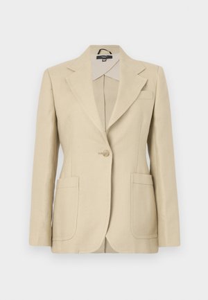 Blazer beige ajusté avec revers, fermeture à un bouton et deux poches avant. Fabriqué en tissu tissé avec une texture lisse.
