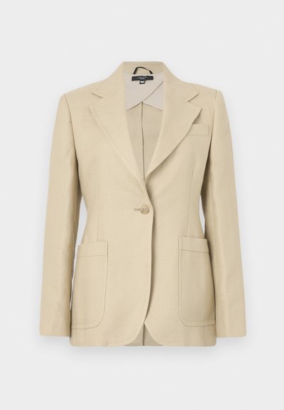 Beige tailored blazer with a notched lapel, single button closure, and two front pockets. Made of woven fabric with a smooth texture.
