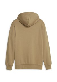 Felpa con cappuccio color khaki, caratterizzata da una texture liscia, polsini e orlo a coste. Presenta un cappuccio ampio e un design semplice e minimalista.
