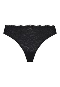 String en dentelle noire avec motif floral, bords festonnés et un petit nœud décoratif à l'avant. Texture douce et design taille basse.