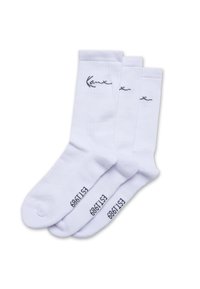 Drei Paar weiße Sportsocken mit schwarzem Markennamen am oberen Rand und einer Größenangabe auf dem Fuß.