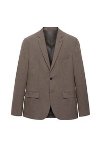 Bruine blazer van textuurstof, met één knoopsluiting, geknipte revers, twee voorzakken en een borstzak. Gevoerde binnenkant.
