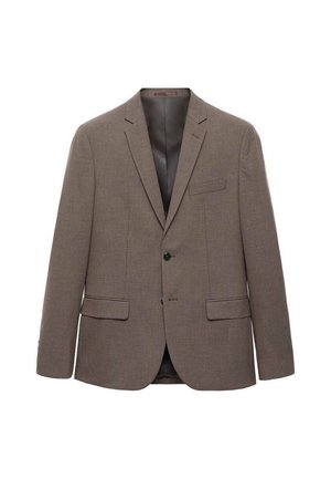 Brauner Blazer aus strukturiertem Stoff, mit Ein-Knopf-Verschluss, Reverskragen, zwei vorderen Taschen und einer Brusttasche. Gefüttertes Innenfutter.
