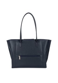 Sac fourre-tout en cuir bleu marine avec finition texturée, deux longues poignées, fermeture supérieure ouverte et poche zippée extérieure pour un espace de rangement supplémentaire.