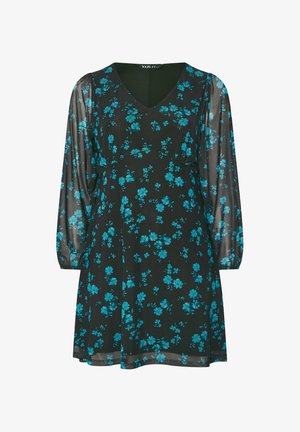 Czarna sukienka z turkusowym kwiatowym wzorem, dekoltem w kształcie litery V, długimi przezroczystymi rękawami i luźnym krojem, wykonana z lekkiego materiału.
