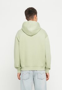 Felpa verde chiaro con vestibilità comoda, cappuccio grande e polsi a costine. Abbinata a jeans azzurri chiari, a taglio morbido, con cuciture delle tasche posteriori in evidenza.