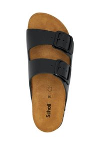 Black sandals with two adjustable buckles, suede insole, and a rounded shape. The sole features a textured finish. Size 36 marked underneath.
