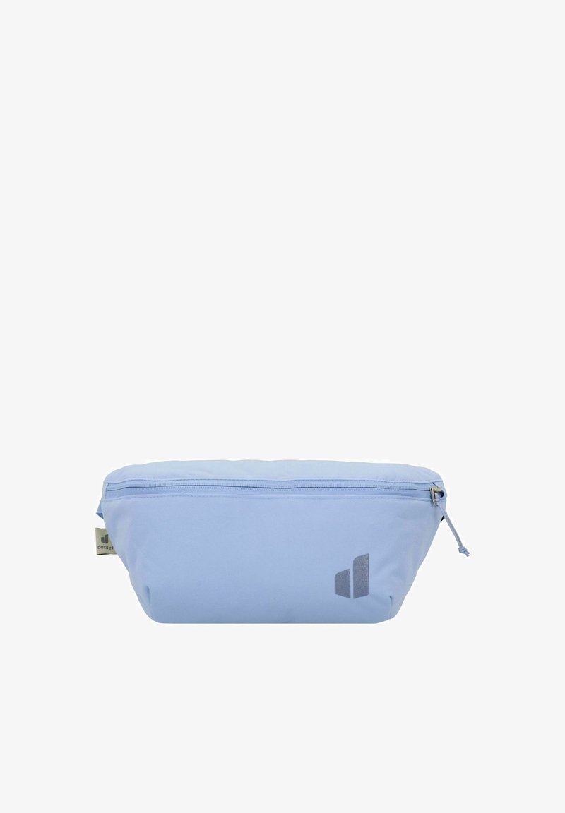 Helles blauer Reißverschlusstasche aus Stoff, mit einer glatten Textur und einem dezenten Logo an der Seite. Rechteckige Form mit abgerundeten Kanten.