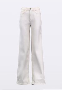 Biele džínsy s širokými nohavicami z denimu, s vysokým pásom, prednými vreckami a zapínaním na gombík so zeleným detailom na gombíku.