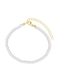Weißes Perlenarmband mit einem vergoldeten Verschluss und Verlängerungskette. Glatte, runde Perlen mit glänzender Oberfläche. Einfaches, klassisches Design.