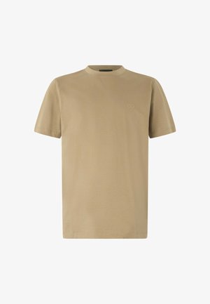 T-shirt in cotone beige con maniche corte e collo rotondo. Logo sottile ricamato sul petto. Tessuto morbido, design casual.