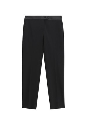 Pantaloni neri su misura con vita liscia, leggero lucido e taglio dritto. Caratterizzati da una chiusura con un singolo bottone.