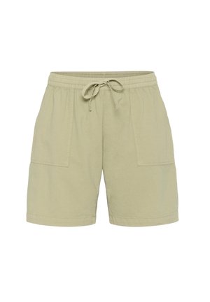 Pantaloni corti in cotone verde chiaro con vita elastica, cordoncino e due tasche laterali; superficie liscia e vestibilità ampia.