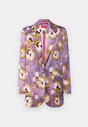 Geprinte blazer met een bloemenpatroon in paarse, gele en witte tinten. Beschikt over twee voorzakken en een enkele knoopsluiting.