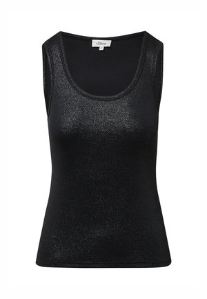 Schwarzes Tanktop mit taillierter Passform, hergestellt aus glitzerndem Stoff. Hat einen runden Halsausschnitt und breite Schulterträger. Glatte Textur, keine Muster.