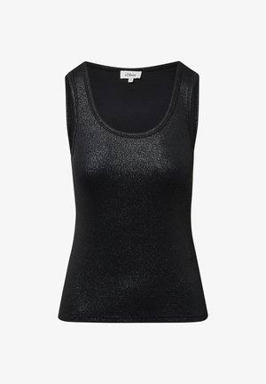 Schwarzes Tanktop mit taillierter Passform, hergestellt aus glitzerndem Stoff. Hat einen runden Halsausschnitt und breite Schulterträger. Glatte Textur, keine Muster.