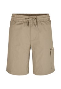 Pantaloni cargo beige realizzati in tessuto leggero con vita elastica e coulisse. Presentano una tasca laterale e un orlo dritto.