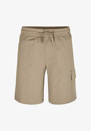 Shorts cargo beiges en tissu léger avec une taille élastique et un cordon de serrage. Comprend une poche latérale et un ourlet droit.