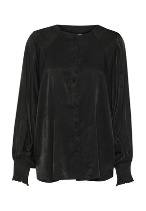 Blouse en satin noir à manches longues avec un col rond, fermeture à boutons et poignets froncés. Texture lisse avec une coupe légèrement ample.