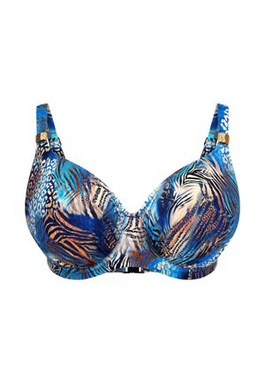 Underwire bra featuring a bold blue and orange animal print design. Smooth fabric with adjustable straps and a gold accent on the strap.