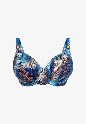 Podprsenka s kosticemi, která se pyšní odvážným designem zvířecího vzoru v modré a oranžové barvě. Hladký materiál s nastavitelnými ramínky a zlatým doplňkem na ramínku.