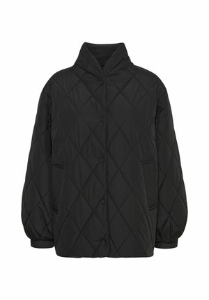 Černá prošívaná bunda s vysokým límcem, zapínáním na cvoky a postranními kapsami. Disponuje texturovaným vzorem a elastickými manžetami.