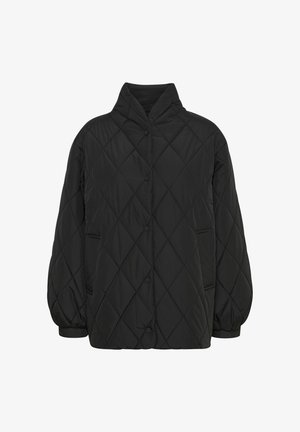 Chaqueta negra acolchada con cuello alto, cierre de botones a presión y bolsillos laterales. Presenta un patrón texturizado y puños elásticos.