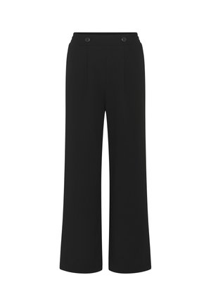Pantalon noir à jambes larges avec taille élastique et deux boutons sur le devant, présentant de subtiles plis à l'avant.