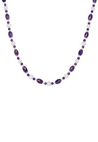 Lilla og hvid perlehalssmykke med facetterede lilla sten og glatte hvide perler, jævnt fordelt med små lilla accenter.