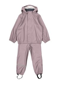 Roze waterdichte regenpak met elastische manchetten en capuchon, voorzien van een zachte textuur en reflecterende strepen op de broek voor zichtbaarheid.