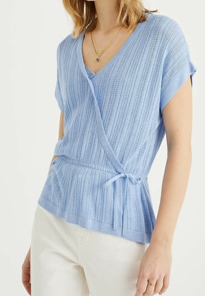 Haut cache-cœur tricoté bleu clair à manches courtes, motif texturé, encolure en V, avec lien ajustable à la taille. Tissu doux avec ourlet plissé.
