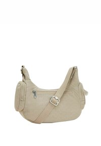 Beige Schultertasche aus weichem Material, mit Reißverschluss, verstellbarem Tragegurt und zusätzlichem Reißverschlussfach an der Seite.