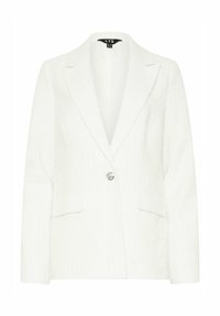 Blazer bianco con texture, caratterizzato da un colletto a punte, due tasche frontali e una chiusura con bottone metallico singolo. Design elegante e su misura.