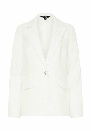 Weißer strukturierten Blazer mit einem Reverskragen, zwei Fronttaschen und einem einzelnen metallischen Knopfverschluss. Elegantes und maßgeschneidertes Design.