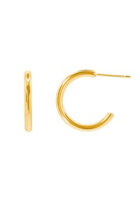 Goldene Creolenohrringe mit einer glatten, polierten Oberfläche. Das Design ist kreisförmig und weist eine dünne, abgerundete Form sowie einen geraden Steg zum Befestigen auf.