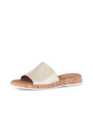 Sandale beige en cuir à enfiler avec semelle intérieure à motif liège et semelle blanche, design à bout ouvert, style facile à enfiler.