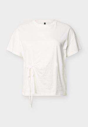 White short-sleeve cotton t-shirt with round neckline and adjustable side tie detail on a plain background.